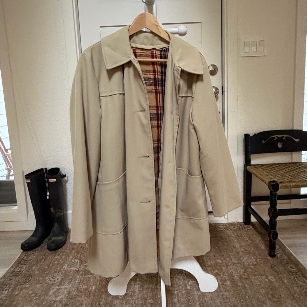 Vintage 60s/70s Utility Trench Coat with Plaid Wool Zip-Out Liner